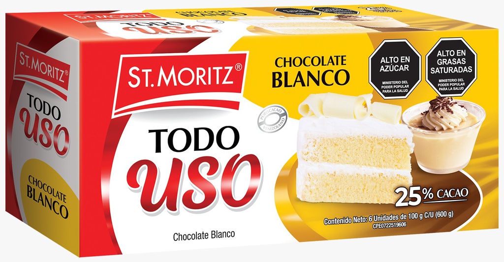 CHOCOLATE ST MORITZ 6 X 100GR TODO USO 25% BLANCO