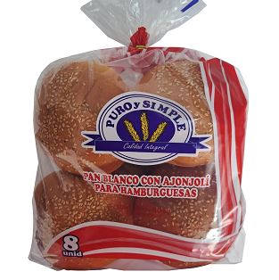 PAN HAMBURGUESA PURO Y SIMPLE 8UND 600GR AJONJOLI