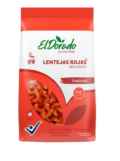 PASTA DE LENTEJAS ROJAS EL DORADO 250GR CODITOS S/G