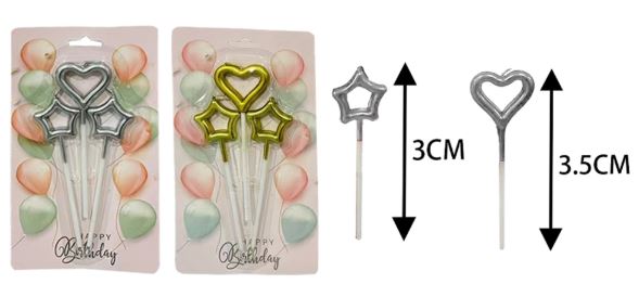 VELAS DE CUMPLEAÑOS 3PZAS CORAZON/ESTRELLAS